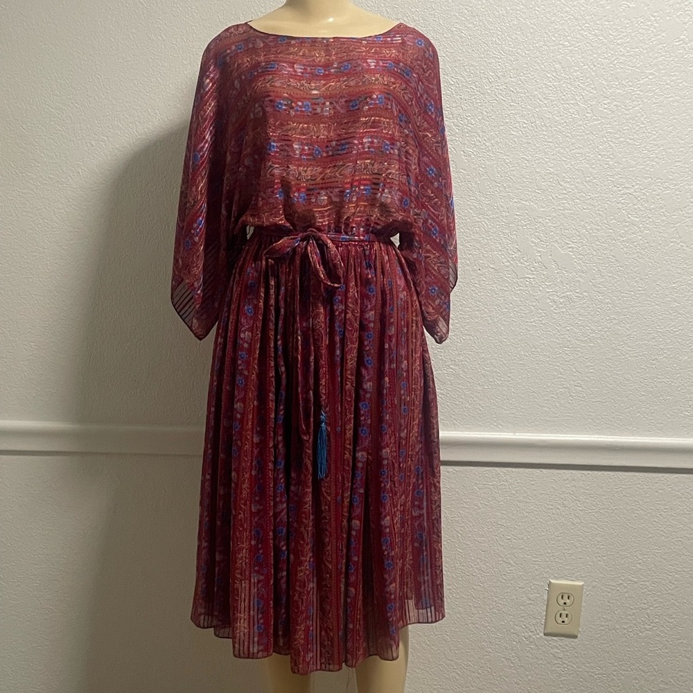 The Kollections Ltd Sheer Floral Vintage Dress Size 8 With Tassel Belt